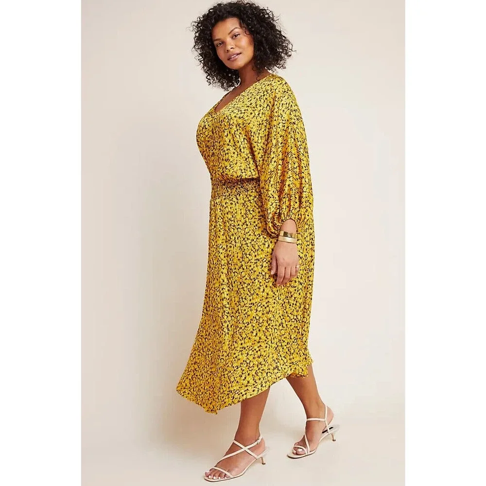 by Anthropologie Marigold Midi Dress Smocked V-Neck Gold Women's Plus Size 3X - Picture 12 of 14